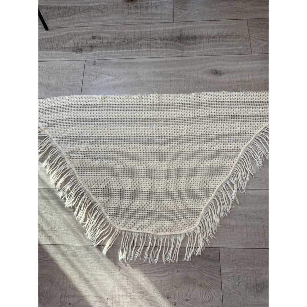 Cream Fringe Triangle Shawl Wrap  Crochet Skirt Beach Cover Up Resortwear OS